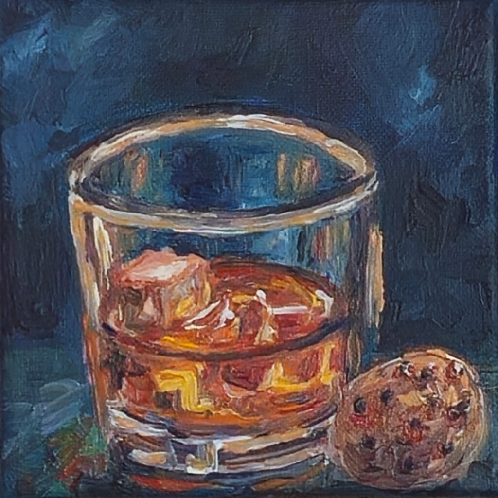 Close-up of Whiskey Study, showing the glass, ice and amber whiskey against deep blue